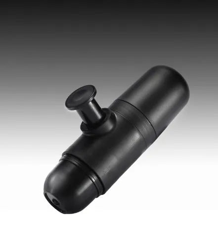 Black portable manual espresso machine showing 6cm diameter and 17.5cm height with stainless steel and plastic components.