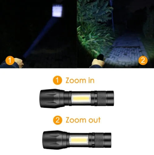 Small black aluminium telescopic LED flashlight with zoom adjustment and a pocket clip.