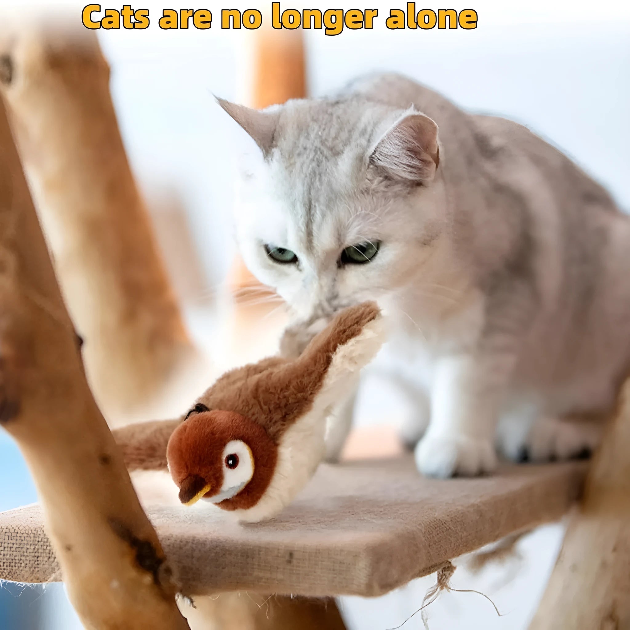 Interactive flapping chirping bird cat toy with feather tail for indoor bored cats