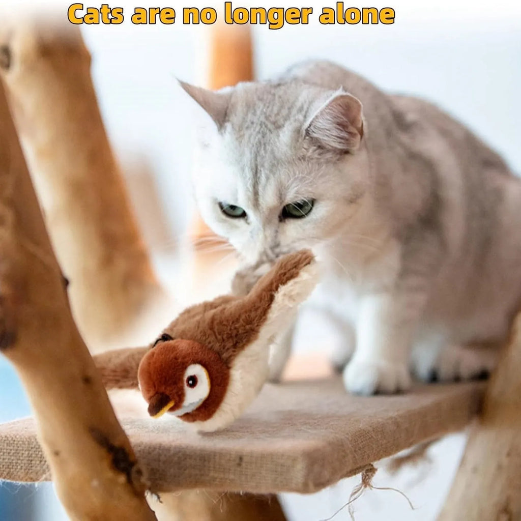 Interactive flapping chirping bird cat toy with feather tail for indoor bored cats