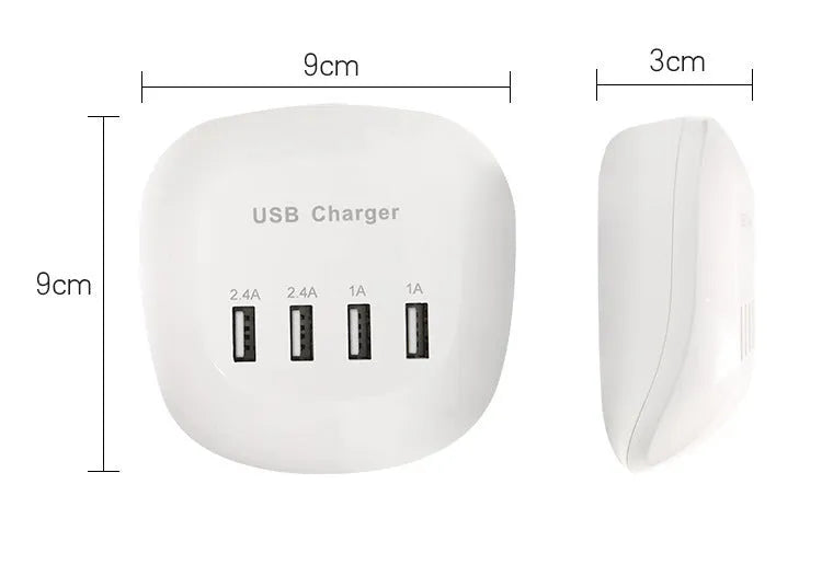 Dual-port USB wall charger with ABS plastic housing showing EU and US plug options