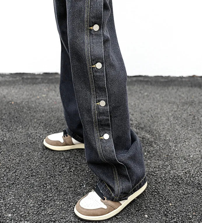 Straight loose cotton jeans for women, medium low waist, zip fly, in black and light blue, sizes M L XL