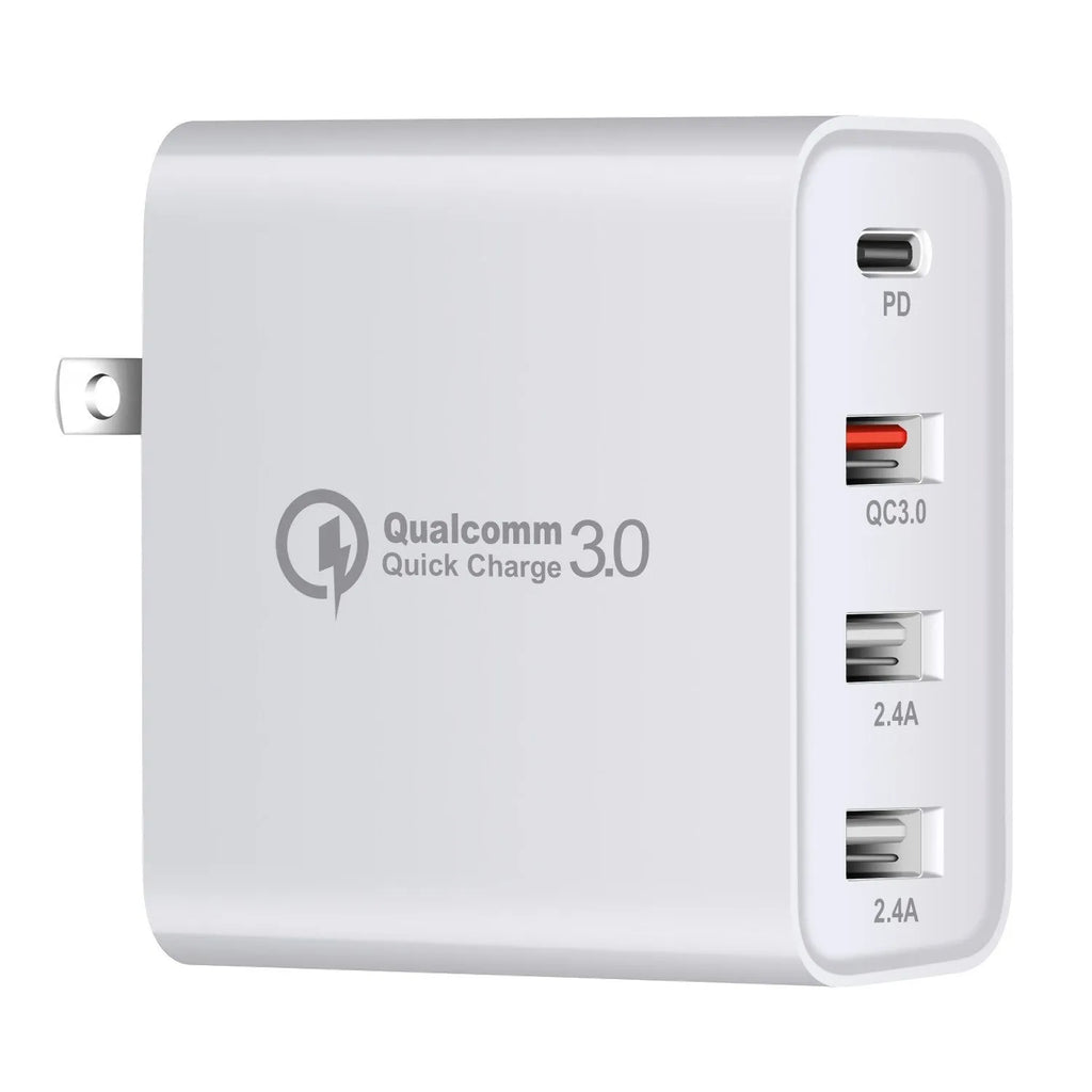 Black 48W USB-C wall charger with four Type-C ports and a UK 3-pin plug on a white background.