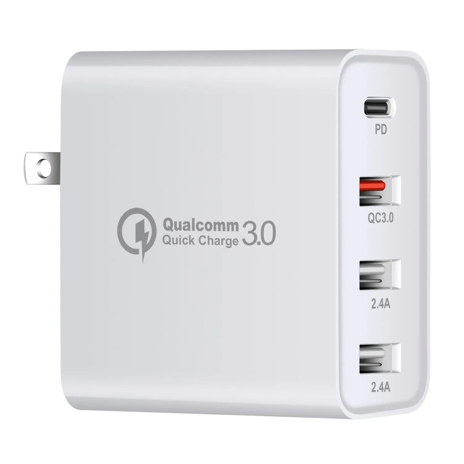 Black 48W USB-C wall charger with four Type-C ports and a UK 3-pin plug on a white background.