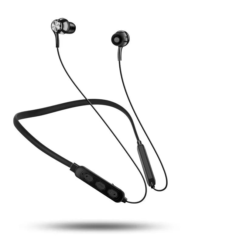 Red sports Bluetooth neckband earphones displayed in an open box with USB cable.