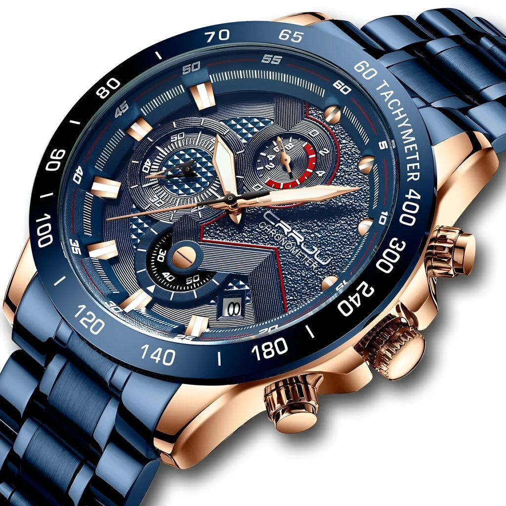 Multi-function six-needle chronograph watch with stainless steel strap and IP blue alloy case model 2280