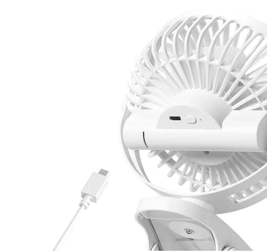 USB mini clip fan in green, with 135mm blade, clipped to a desk edge, showing USB cable connection