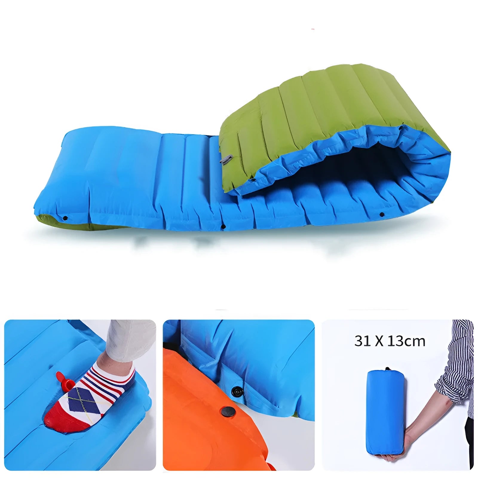Camping foot type automatic portable inflatable bed 190x70x10cm blue with green colour on grass