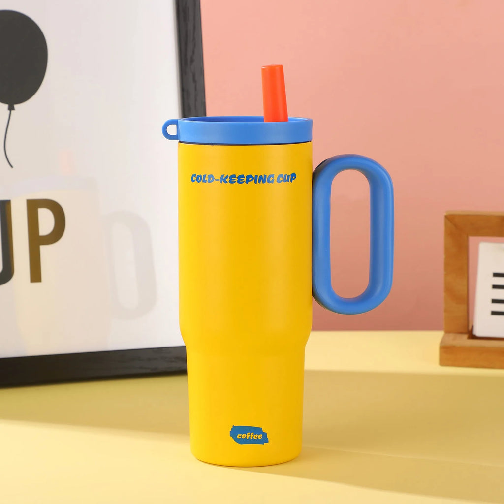 Large portable ice bucket cup with handle and straw in five colour options: black, pink, sky blue, white, and yellow.