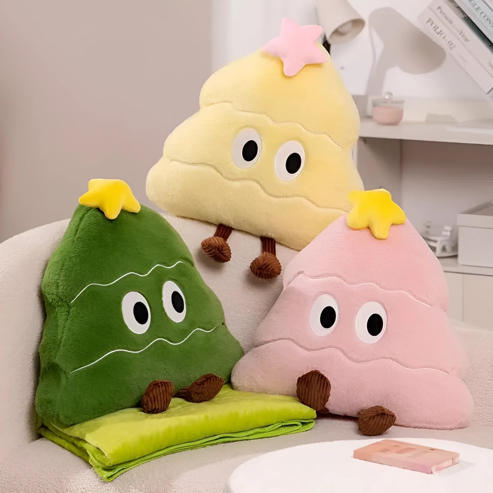 55cm Christmas tree pillow plush toy in green with soft PP cotton fill on a bed