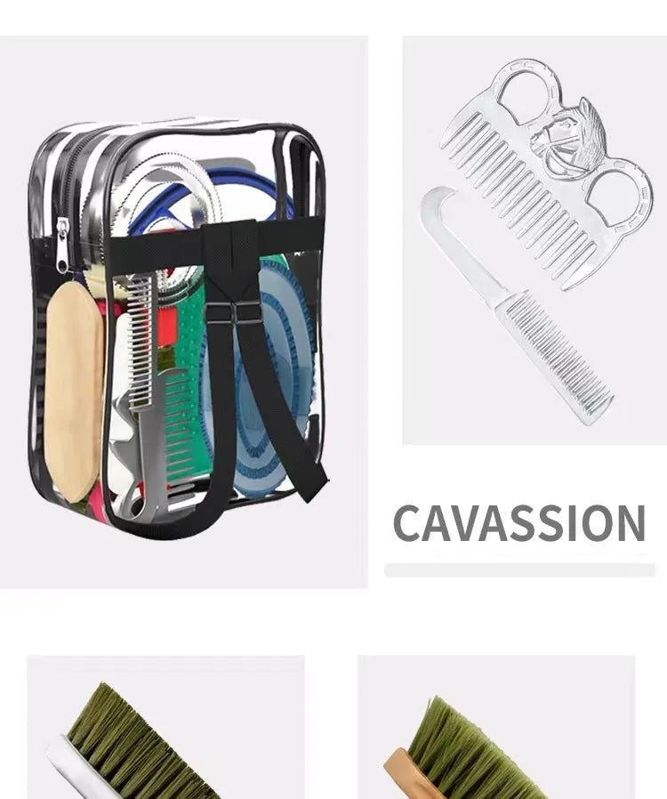 Complete horse grooming brush set with ten tools including brushes, combs, scraper and storage bag