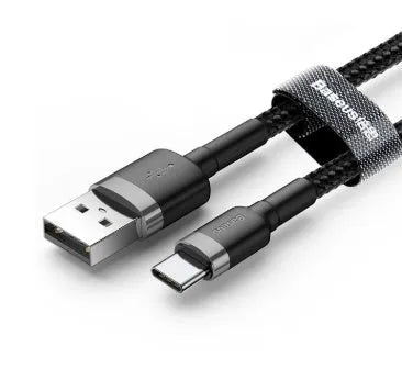 Grey and black woven nylon Android micro USB charging cable shown coiled with connector visible
