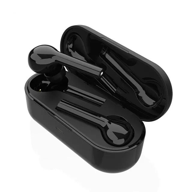 Black and white wireless touch-control earbuds with charging case