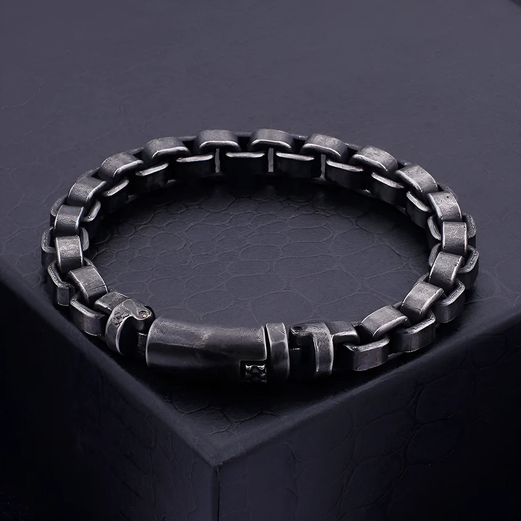 Black titanium steel punk chain bracelet with geometric design, 22cm length, on male wrist