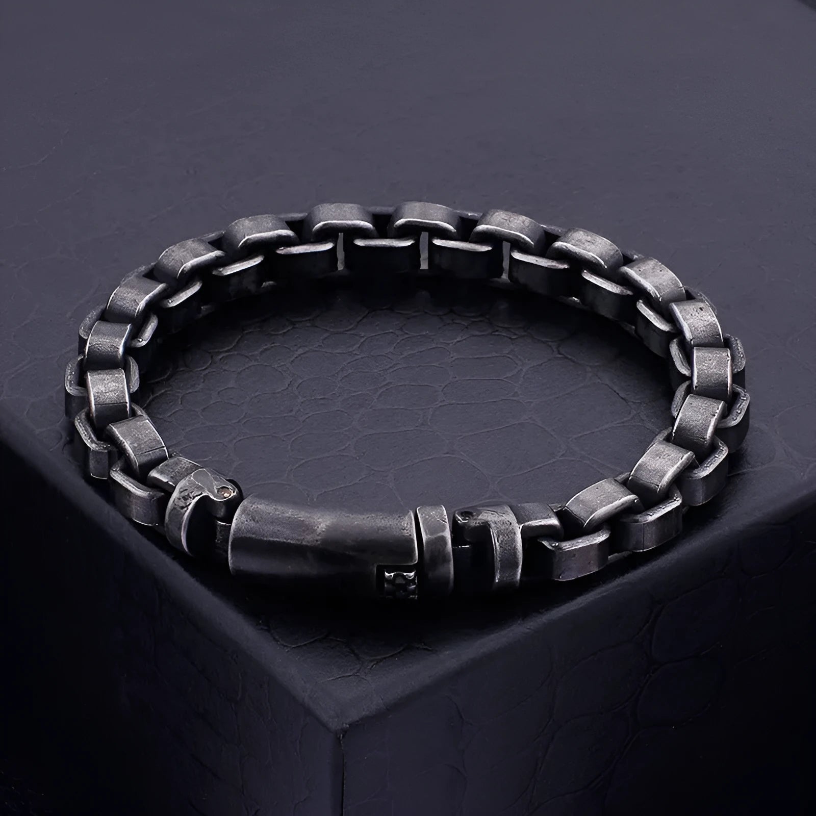 Black titanium steel punk chain bracelet with geometric design, 22cm length, on male wrist