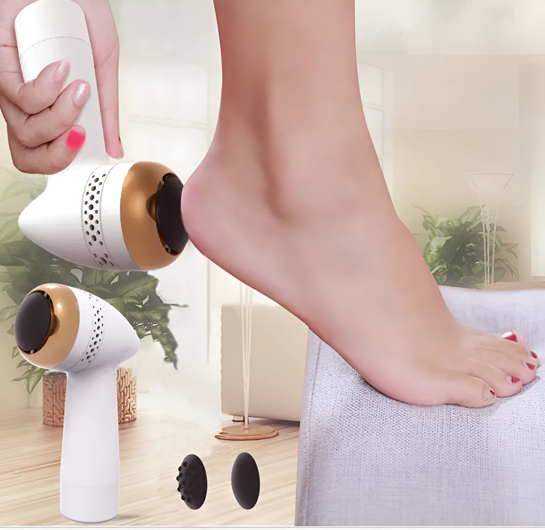 Gold-coloured electric vacuum foot grinder with a refined quartz grinding head on a white background.