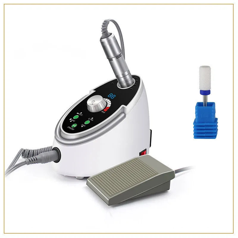 White electric nail polishing machine, 60W, 0 to 35000RPM infinitely variable speed, forward and reverse rotation, with touch button and speed display.