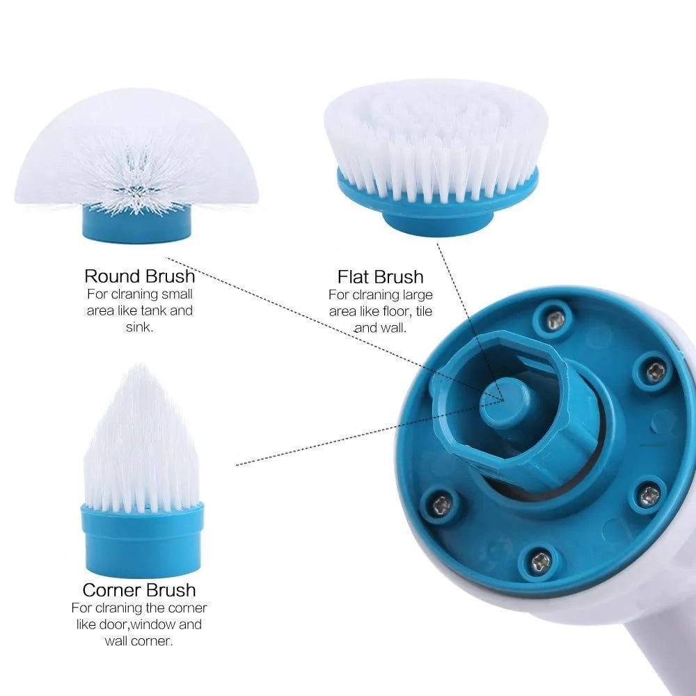 Blue rechargeable electric cleaning brush with retractable handle, three brush heads, and cordless spin scrubber design