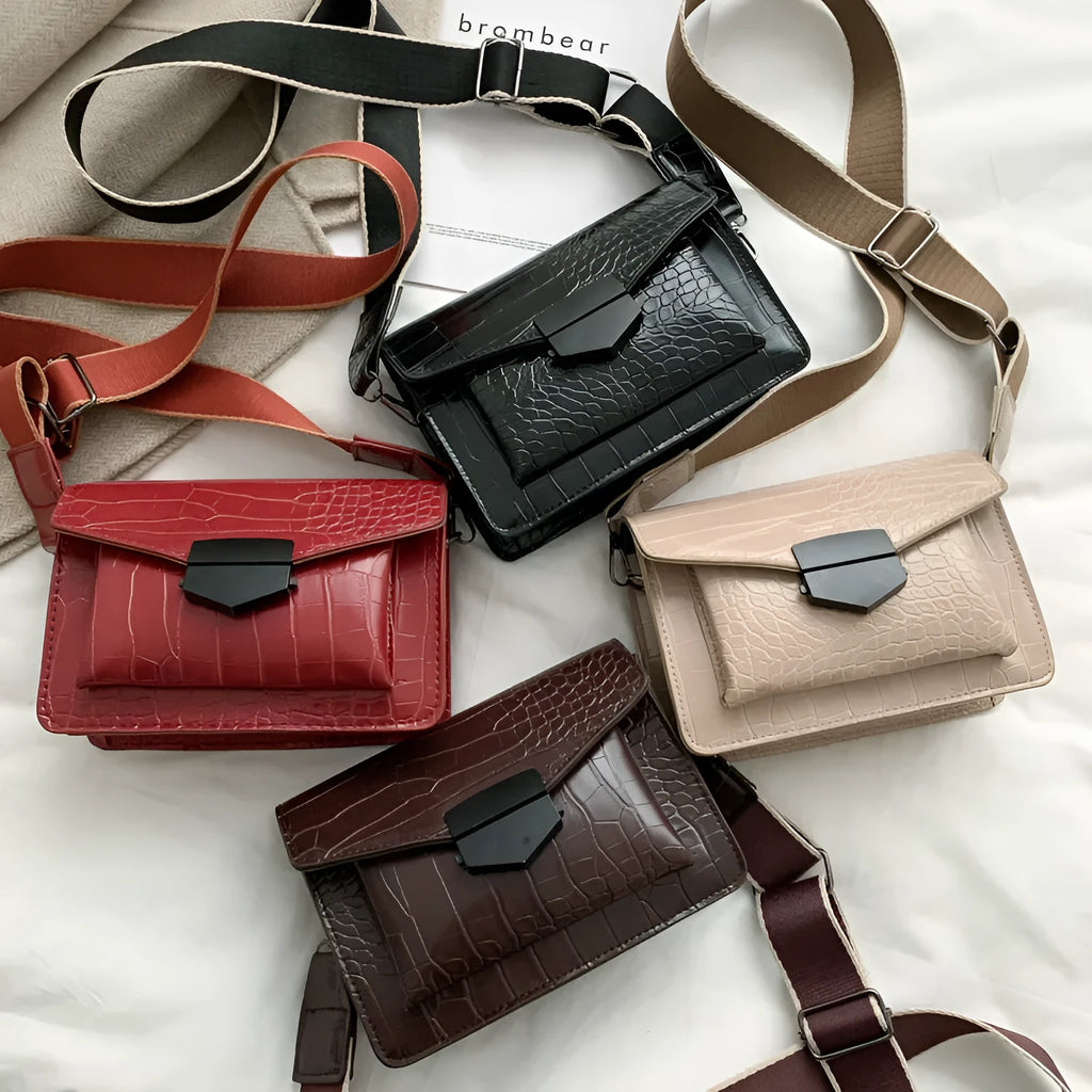 Vintage PU leather crossbody bag shown in black, dimensions 20cm by 14cm.