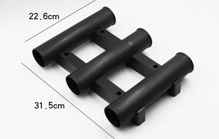 Black or white 3-hole sea fishing rod turret in ABS plastic, 31.5cm x 22.6cm x 6.5cm, with 5cm rod holes.