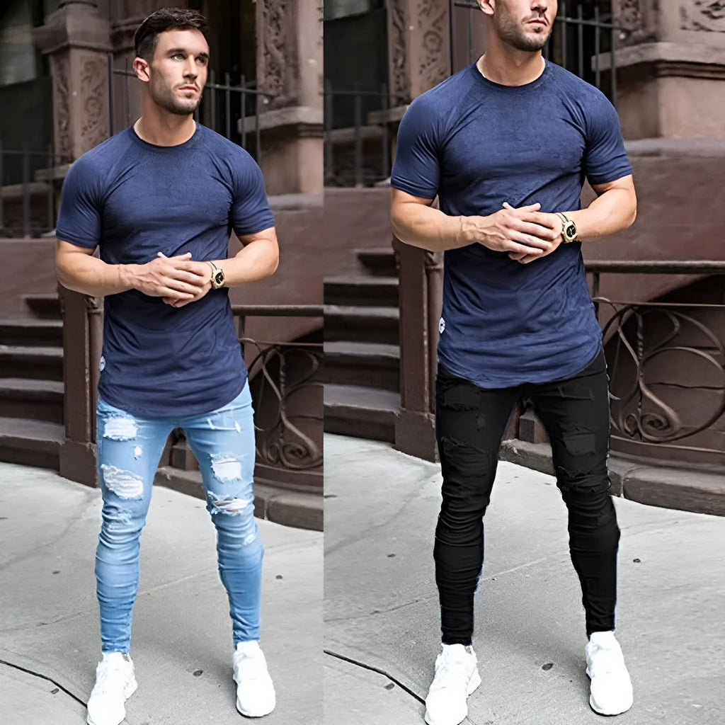 Men's high waist washed cotton denim pencil pants in black, skinny fit with zipper fly