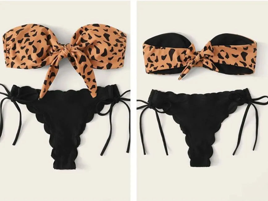 Women's split swimwear bikini set in leopard print with nylon and polyester fabric, available in sizes S M L XL