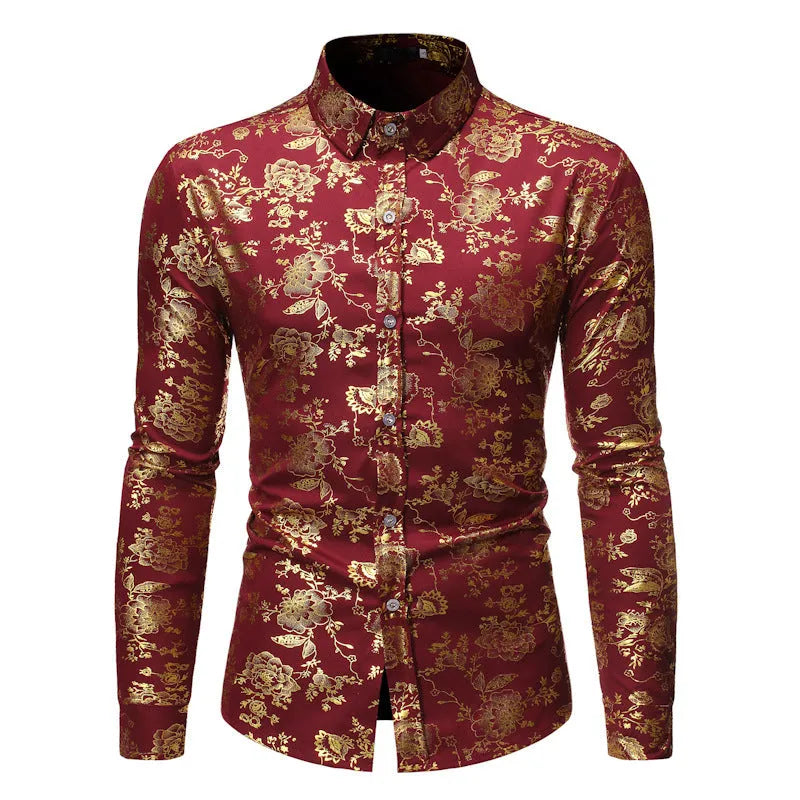 Men's casual cardigan-style shirt with a metal bronzing printed lapel, available in multiple colours.