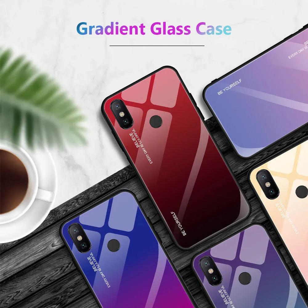Gradient colour phone case for Redmi smartphones with tempered glass back and TPU frame