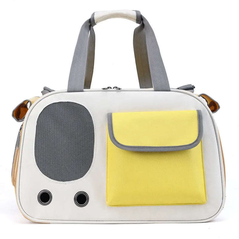 Foldable single shoulder pet carrier bag in canvas, shown in yellow, green and black colour options
