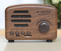 Vintage-style wooden finish Bluetooth speaker on a wooden table next to a plant.