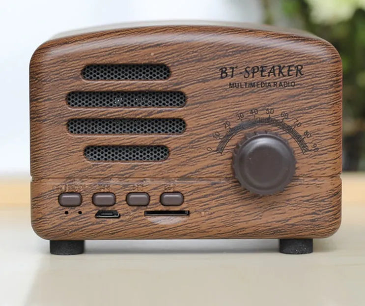 Vintage-style wooden finish Bluetooth speaker on a wooden table next to a plant.