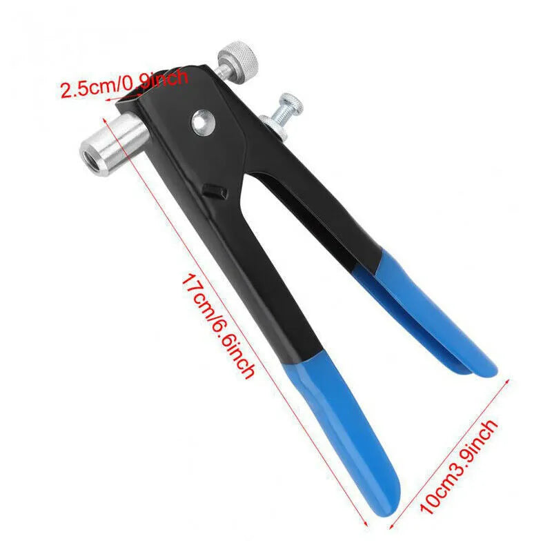 Alloy steel manual riveter nut gun set with nose pieces and mandrels on a workbench.