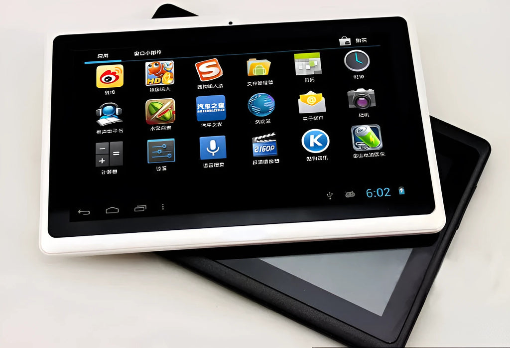 7-inch Android WiFi tablet with dual camera and plastic body, black colour, front view