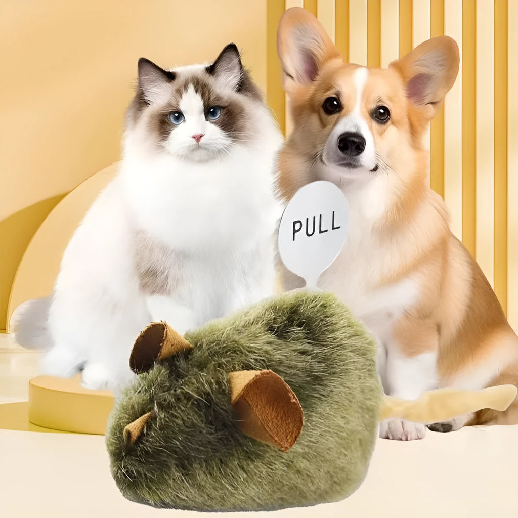 Plush mouse cat toy with tail, flannel surface and lanyard for interactive chirping play