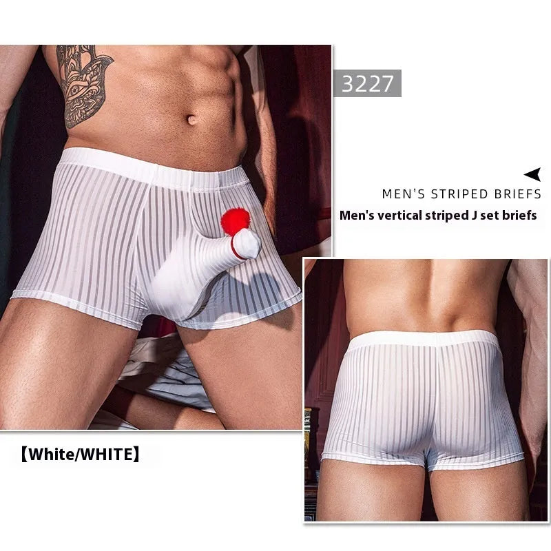 Men's black striped nylon boxer briefs laid flat, showing elastic waistband and vertical stitch detail.