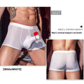 Men's black striped nylon boxer briefs laid flat, showing elastic waistband and vertical stitch detail.