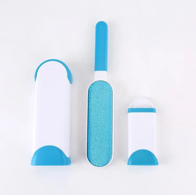 Blue reusable pet hair removal brush with self-cleaning base for furniture and upholstery.