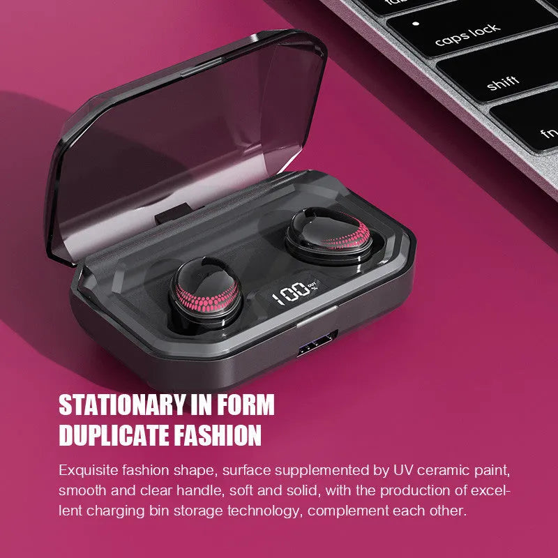 Black Bluetooth headset with charging case showing compact size.