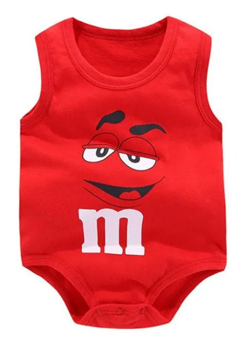 Newborn baby wearing a sleeveless 100% cotton vest romper with a colourful animal print.