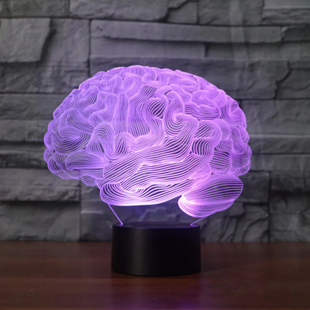 Brain-shaped 3D acrylic illusion desk lamp with colourful LED lights on a black ABS base.