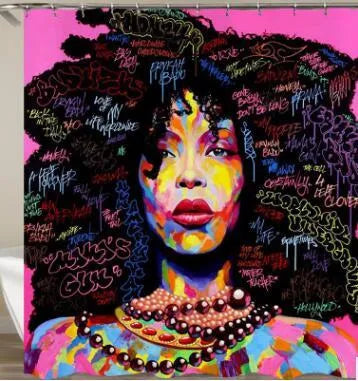 African American 3D retro shower curtain with blue hair Afro girl print, waterproof polyester, 12 hooks