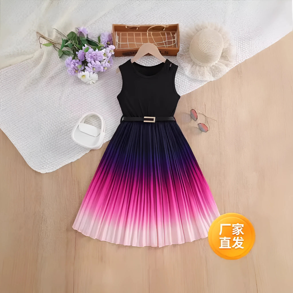 Girls cartoon gradient polyester dress, sizes 110cm to 150cm, suitable for ages 8-12