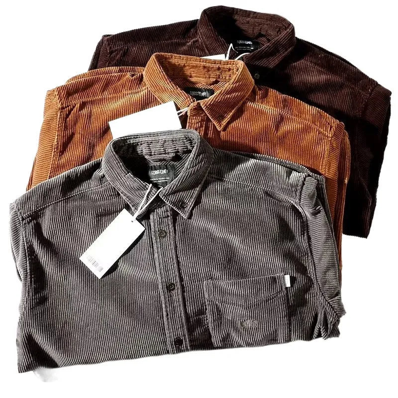 A loose-fitting caramel corduroy shirt with long sleeves in a casual cardigan style.