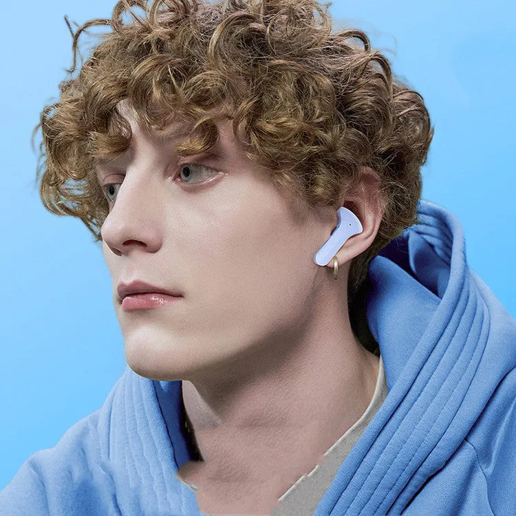 Mini wireless Bluetooth headset with LED display shown in green, next to its silicone case and USB-C charging cable.