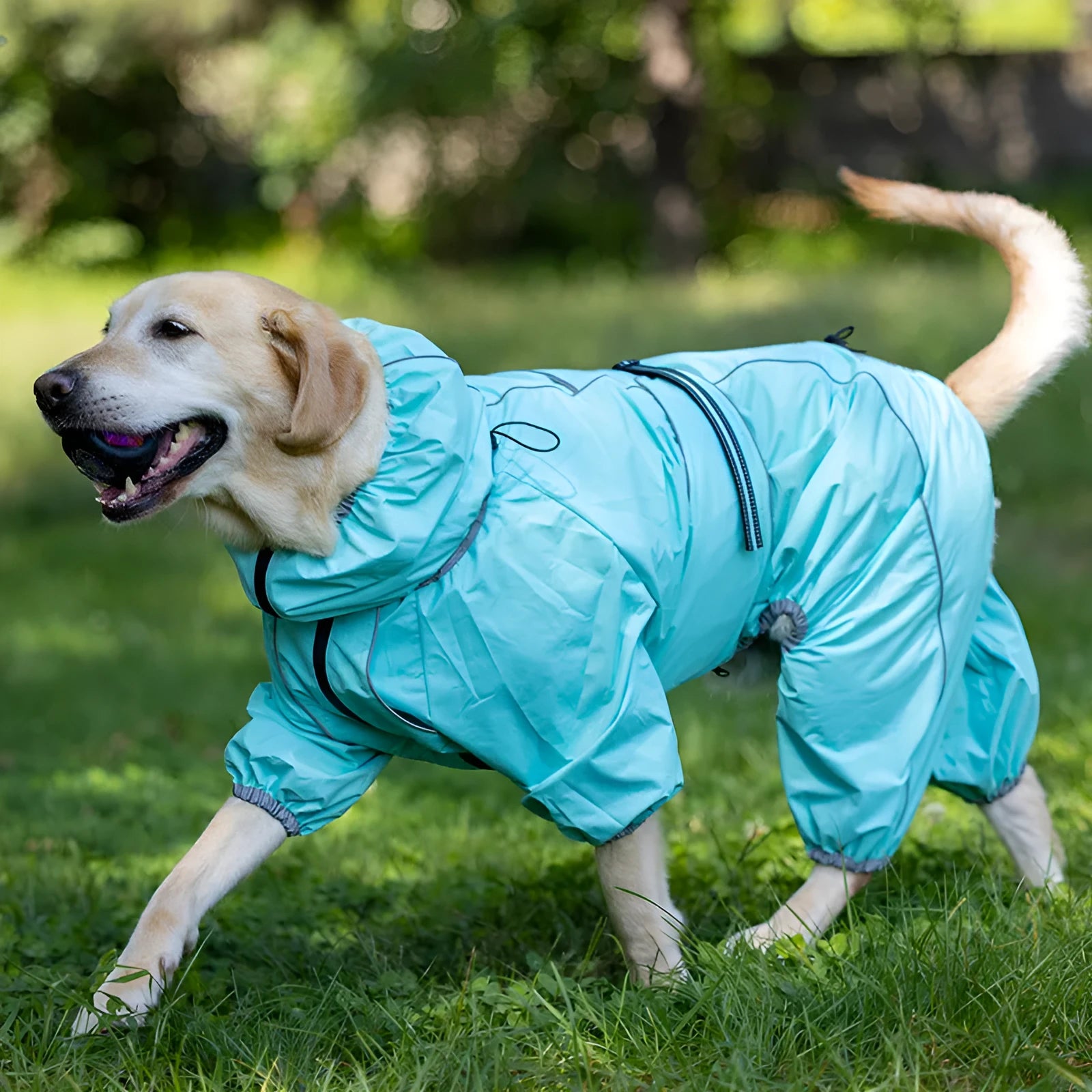 Red dog shell jacket with cotton padding shown on model dog with sports-style design