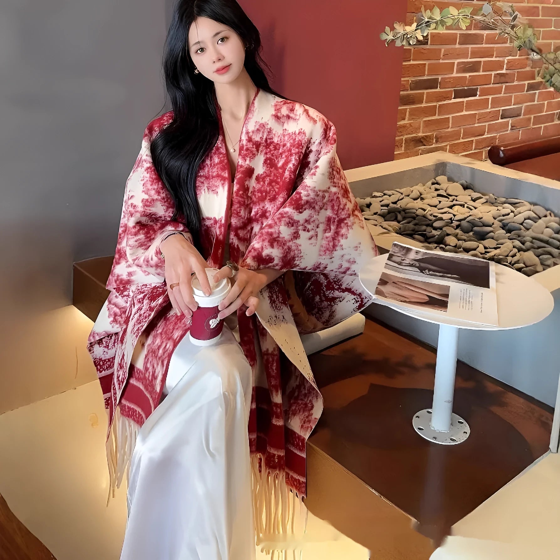 Women's polyester tassel scarf cape in a picture colour, worn as a casual shawl.