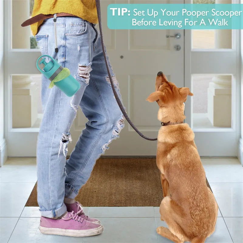 Blue portable dog pooper scooper with eight-claw shovel and built-in bag dispenser