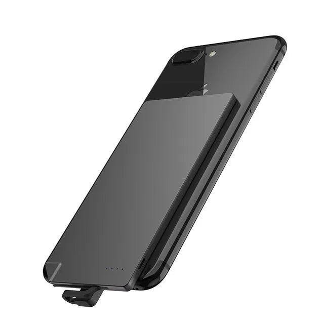 Silver aluminium graphene power bank showing slim 4mm profile with Lightning and Micro-USB ports