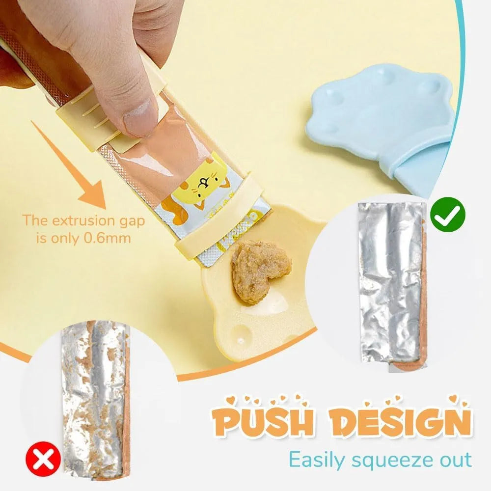 Cat claw shaped cat food feeder squeeze tool with sliding squeezer and anti-spill spoon in blue