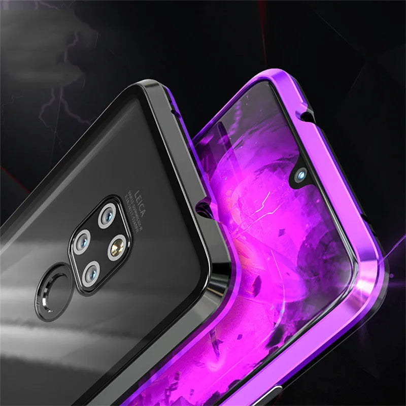 Black magnetic phone case for Huawei with metal frame and clear tempered glass back.